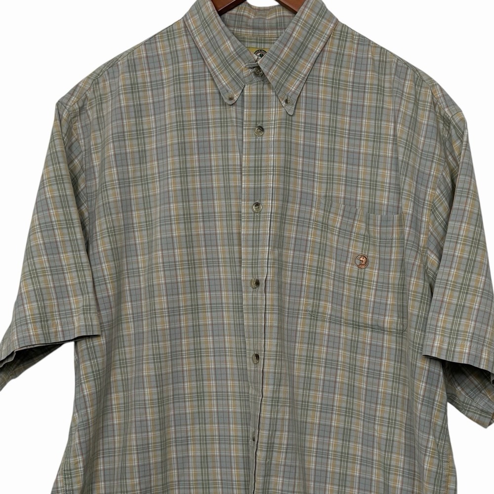 Duck Head Mens Large Plaid Button Front Shirt Short Sleeve Cotton Blue Tan